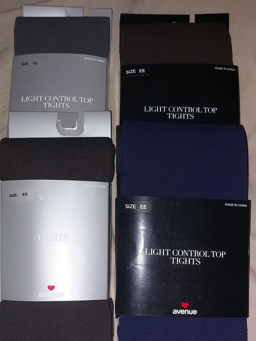 4 Pairs Size EE Avenue Light Control Top Tights — Navy, Black, Brown, Gray